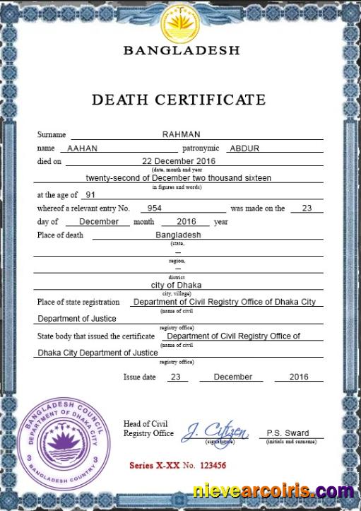 Bangladesh vital record death certificate